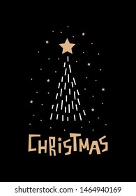 Vector Christmas card with hand lettering Christmas and christmas spruce with star and snow on black background.