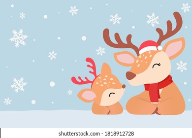 Vector Christmas card. Happy new year greeting card, Snow with Reindeer and Mom in santa hats, winter headwear. Hello Winter, Happy New Year and Merry Christmas concept, eps 10 vector.