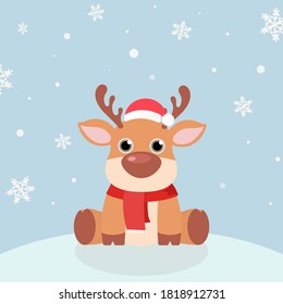 Vector Christmas card. Happy new year greeting card, Snow with Reindeer in santa hats, winter headwear. Hello Winter, Happy New Year and Merry Christmas concept, eps 10 vector.