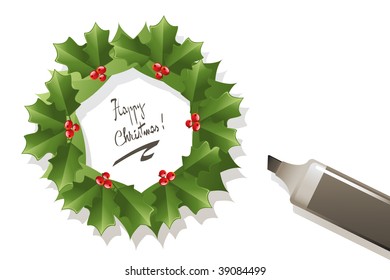 vector christmas card with holly ornaments and black highlighter pen writing on paper