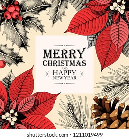 Vector christmas card with holly and pine cones