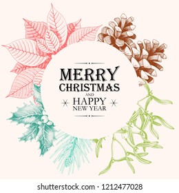 Vector Christmas Card With Holly And Pine Cones