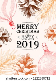 Vector christmas card with holly and pine cones