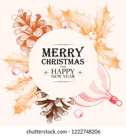Vector christmas card with holly and pine cones