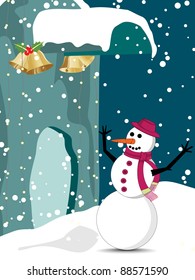 vector christmas card with holy spring & snow man on winter background