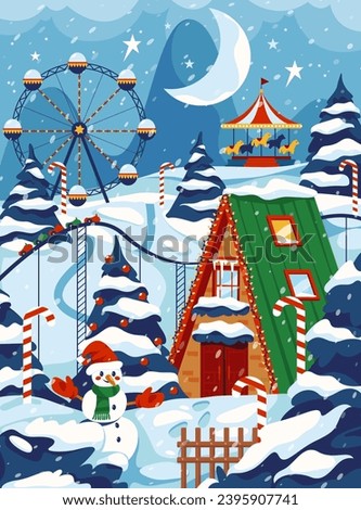 Vector Christmas card with house and ferris wheel. Image design for New Year or Xmas eve banner. Sign with carousel and snowman, fir tree. Christmastime celebration landscape. Winter holiday, festive
