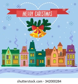Vector Christmas card with house and snowflakes.
