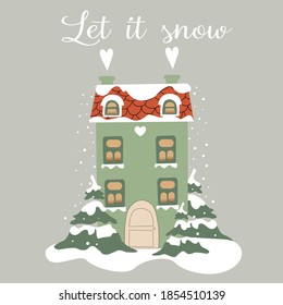 Vector christmas card with house and christmas tree and snow for greeting card
