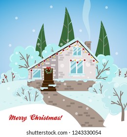 Vector Christmas card with a house, trees, Christmas trees and bushes in flat style. Vector illustration for your design