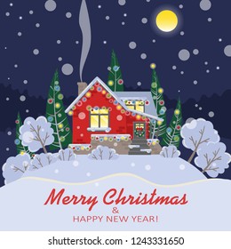 Vector Christmas card with a house, trees, Christmas trees and bushes in flat style. Vector illustration for your design