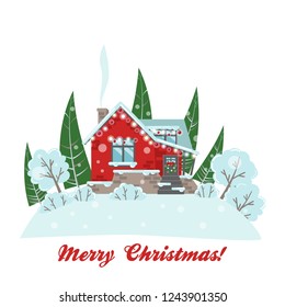 Vector Christmas card with a house, trees, Christmas trees and bushes in flat style. Vector illustration for your design