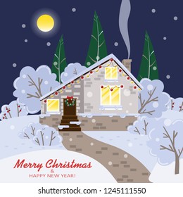 Vector Christmas card with a house, trees, Christmas trees and bushes in flat style. Vector illustration for your design