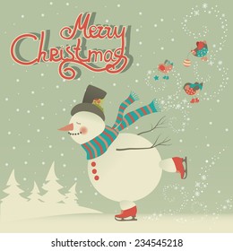 Vector Christmas card, ice skating cartoon snowman