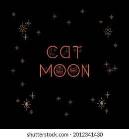 Vector Christmas card with an inscription. Christmas poster with Cat moon in a circle of stars. Illustration with snowflakes, gold on black. Vector illustration
