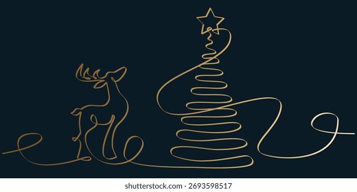 Cartão de Natal vetorial em estilo de arte em linha. Esboço festivo. Cervo Dourado, árvore de Natal, sino isolado no fundo azul. Linha contínua desenho brinquedos de Natal