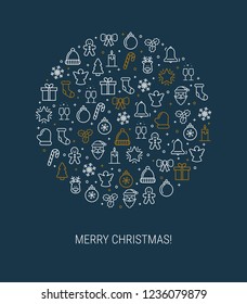 Vector christmas card with line icons. Merry Christmas and happu new year