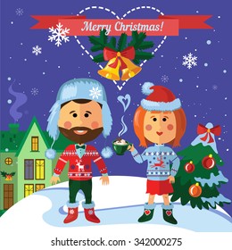 Vector Christmas card with a man, woman their home and Christmas tree.