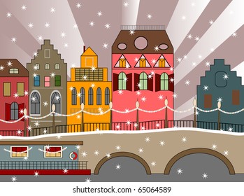 vector Christmas card with medieval town