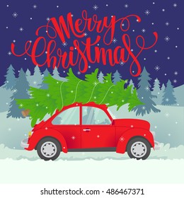 Vector Christmas card. Merry Christmas custom lettering. Illustration of a person driving retro car with Christmas tree on the roof.
