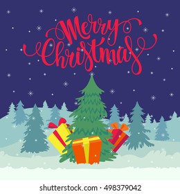 Vector Christmas card. Merry Christmas custom lettering. 