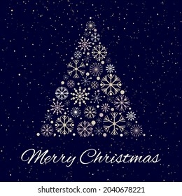 Vector Christmas card. Merry Christmas. Christmas tree from snowflakes. 