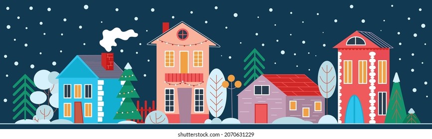 Vector christmas card of modern tiney houses street. Small town with trees at night. Simple colored banner for web, card, poster, magazine decor.