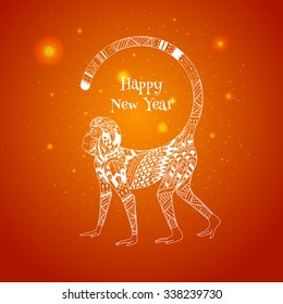 Vector Christmas card with a monkey in 2016. Beautiful golden background with glitter. Illustrations monkey on  calendar