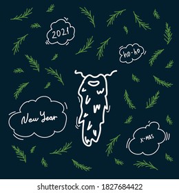 Vector Christmas card with new year symbols. Cartoon texture with an illustration of Santa's beard, inscriptions New year, merry Christmas, Hello winter for Christmas cards. The winter Doodle is