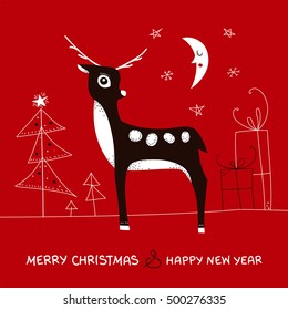 Vector Christmas card. New year greeting. Cute deer on winter holiday background. Winter scene with decorated christmas tree, gift boxes, moon, snowflakes, stars. Seasonal trendy graphic