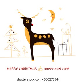 Vector Christmas card. New year greeting. Cute deer on winter holiday background. Winter scene with decorated christmas tree, gift boxes, moon, snowflakes, stars. Black and white trendy design