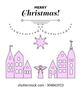 Vector christmas card with old town. Design template with phrase Merry Christmas. Winter landscape with angel.