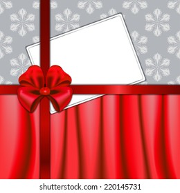Vector Christmas card on seamless background with lace snowflakes and textile with red ribbon