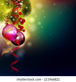 vector christmas card with ornaments and pine tree