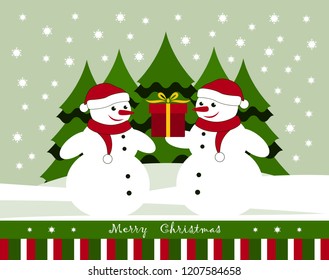 vector christmas card with pair of snowmen with gift in snowy landscape