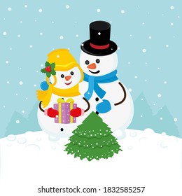 Vector christmas card with pair of snowmen with christmas tree and gifts in snowy landscape