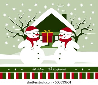 vector christmas card with pair of snowmen with gift in snowy landscape
