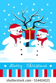 vector christmas card with pair of snowmen with gift in snowy landscape