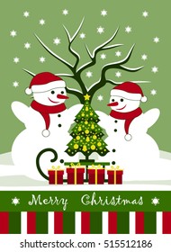 vector christmas card with pair of snowmen and sledge with christmas tree and gifts in snowy landscape