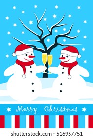 vector christmas card with pair of snowmen with glasses of champagne