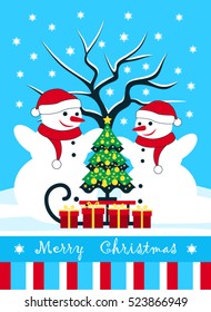 vector christmas card with pair of snowmen and sledge with christmas tree and gifts in snowy landscape