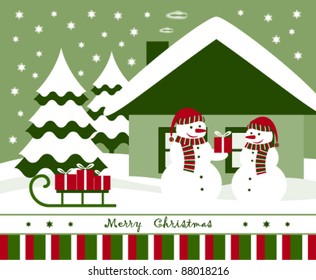 vector Christmas card with pair of snowmen