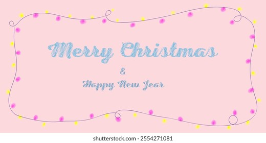Vector Christmas card with a pink background and the text "Merry Christmas and Happy New Year". Decorated with a string of pink and yellow lights, creating a festive and cheerful atmosphere.