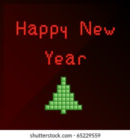 Vector Christmas card with pixel art title "Happy New Year" and Christmas tree