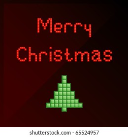 Vector Christmas card with pixel art title "Merry Christmas" and Christmas tree