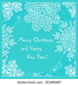 Vector Christmas card with place for your text with white snowflakes on a aquamarine background. Eps 10.