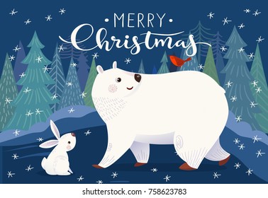 Vector Christmas card with polar bear, rabbit and bird. Merry Christmas vector card. 