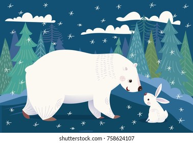 Vector Christmas card with polar bear and baby rabbit. Merry Christmas vector card. 