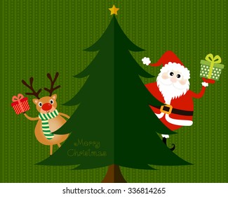 Vector of Christmas card, postcard or banner design with cute reindeer and santa are hold a gift and stand behind the green pine tree.