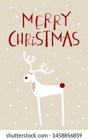 Vector Christmas card with red hand lettering Merry Christmas and white hand drawn deer isolated on beige brown background.