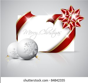 Vector Christmas card - red ribbon around blank paper with christmas decorations